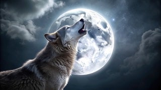 Wolf heult in der Nacht den Vollmond an | Symbolbild für die Wolfsstunde: Warum wache ich zwischen 3 und 4 Uhr morgens auf? (KI-generiertes Bild)