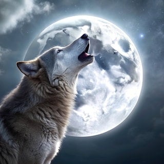 Wolf heult in der Nacht den Vollmond an | Symbolbild für die Wolfsstunde: Warum wache ich zwischen 3 und 4 Uhr nachts auf? Was hilft für einen gesunden Schlaf? (KI-generiertes Bild)