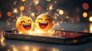 Emojis lachen auf einem Smartphone. Symbolbild für lustige Whatsapp-Sprüche zu Silvester und Neujahr.