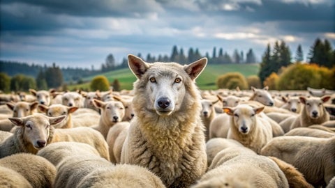 Bild von einem Wolf in einer Herde Schafe, getarnt als Schaf. Symbolbild für das SWR3 Quiz zu Redewendungen: „Das ist ein Wolf im Schafspelz!“