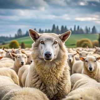 Bild von einem Wolf in einer Herde Schafe, getarnt als Schaf. Symbolbild für das SWR3 Quiz zu Redewendungen: „Das ist ein Wolf im Schafspelz!“