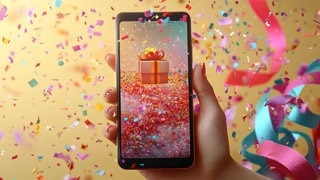 Hand hält ein Smartphone, auf dem Display ist ein Geschenk. Drumherum Luftschlangen. Symbolbild für lustige Whatsapp-Sprüche und Grüße zum Geburtstag.