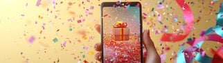 Hand hält ein Smartphone, auf dem Display ist ein Geschenk. Drumherum Luftschlangen. Symbolbild für lustige Whatsapp-Sprüche und Grüße zum Geburtstag.