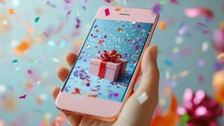 Hand hält ein Smartphone, auf dem Display ist ein Geschenk. Drumherum Luftschlangen. Symbolbild für lustige Whatsapp-Sprüche und Grüße zum Geburtstag.