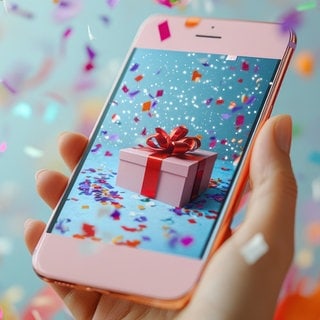 Hand hält ein Smartphone, auf dem Display ist ein Geschenk. Drumherum Luftschlangen. Symbolbild für lustige Whatsapp-Sprüche und Grüße zum Geburtstag.