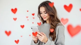 Junge Frau am Smartphone, umringt von Herzen. Symbolbild für lustige und kitschige Whatsapp-Sprüche und Grüße zum Valentinstag.