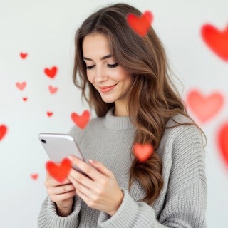 Junge Frau am Smartphone, umringt von Herzen. Symbolbild für lustige und kitschige Whatsapp-Sprüche und Grüße zum Valentinstag.