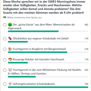 Umfrage im SWR3 Whatsapp-Kanal zum Süßigkeiten-Test