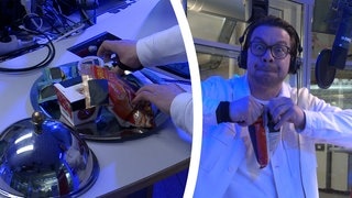 Die Moderatoren der SWR3 Morningshow Anneta Politi und Kemal Goga testen verrückte Snacks