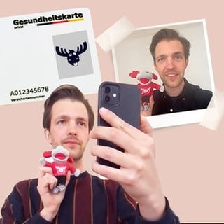 Selfie von SWR3 Reporter Kimon Schanze und dem SWR3 Elch | Krankenkassen-Check: Schafft es ein Spaßbild auf die Gesundheitskarte der Krankenkasse?