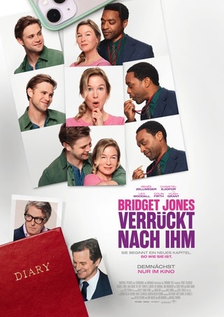 Das Filmplakat von „Bridget Jones – Verrückt nach ihm“ zeigt Fotostreifen einer Frau und drei Männern. Darunter steht in lila Schrift der Filmtitel.