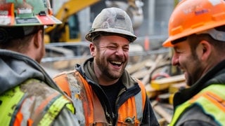 Arbeiter auf der Baustelle stehen zusammen und lachen. Symbolbild für lustige Sprüche auf der Baustelle.