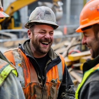 Arbeiter auf der Baustelle stehen zusammen und lachen. Symbolbild für lustige Sprüche auf der Baustelle.