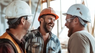 Arbeiter auf der Baustelle stehen zusammen und lachen. Symbolbild für lustige Sprüche auf der Baustelle.