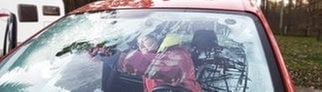 Die Innenscheibe im Auto ist gefroren und vereist. Eine Frau, dick eingepackt in Winterklamitten, kratzt die Scheibe von innen frei.