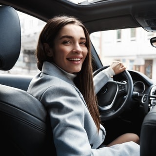 Junge Frau lächelt hinterm Steuer eines Autos. Symbolbild für das seltenste Verkehrszeichen in Deutschland, das kaum jemand kennt.