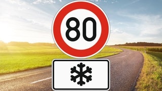 Verkehrszeichen mit Schneeflocke und Tempo 80. Gilt das Schild nur im Winter? Im Hintergrund eine Straße.