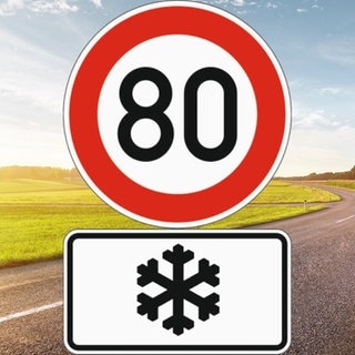 Verkehrszeichen mit Schneeflocke und Tempo 80. Gilt das Schild nur im Winter? Im Hintergrund eine Straße.