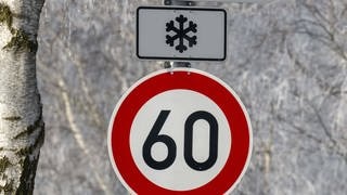 Verkehrszeichen mit Schneeflocke und Tempo 60. Gilt das Schild nur im Winter? Im Hintergrund eine winterliche Landschaft.