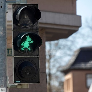 Pferdle als grünes Symbol an einer Fußgängerampel in Stuttgart