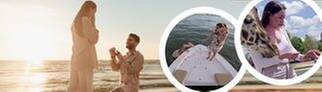 Heiratsantrag: Paar steht in Wellen am Strand, Hochzeits-Panne zwei: Mann im Wasser und Frau auf weißem Boot, Bild drei: Frau mit Giraffe 