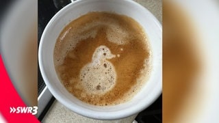 Ein lustiges Foto eines Lebensmittels. Der Schaum des Kaffees sieht aus wie eine Ente.