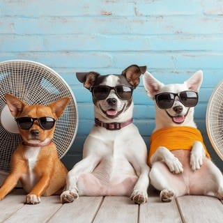 Lustige Hunde mit Sonnenbrille sitzen vor einem Ventilator. Symbolbild für die SWR3 Comedy: Dem Ventilator-Song.