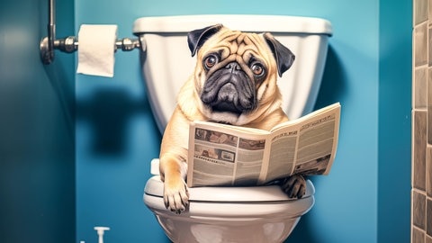 Hund sitzt mit einer Zeitung auf der Toilette. Symbolbild für ein lustiges Video: Was machen Männer eigentlich so lang auf dem Klo?