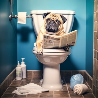 Hund sitzt mit einer Zeitung auf der Toilette. Symbolbild für ein lustiges Video: Was machen Männer eigentlich so lang auf dem Klo?