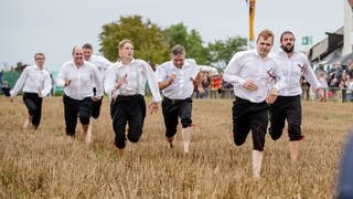 300. Markgröninger Schäferlauf. Frauen und Männer rennen übers Stoppelfeld