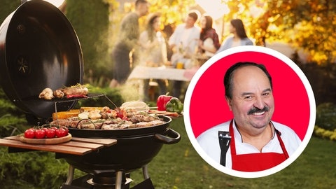 Grillgut wird auf einem Grill gegrillt. Im Hintergrund feiert eine Gruppe von Menschen an einem Sommertag. Ein Porträt von Starkoch Johann Lafer ist ein einem Kreis abgegrenzt.