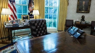 The Resolute Desk is seen as U.S. President Joe Biden welcomes Colombian President Gustavo Petro in the Oval Office of the White House in Washington, DC on April 20, 2023. (Photo by Oliver ContrerasPoolABACAPRESS.COM)