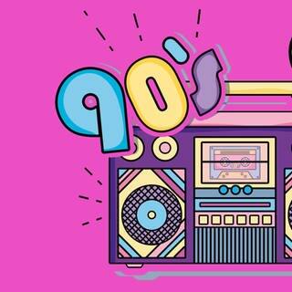 Radio als Cartoonzeichnung auf lila Hintergrund. Schriftzug: 90s