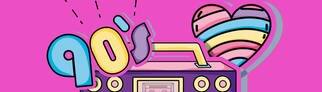 Radio als Cartoonzeichnung auf lila Hintergrund. Schriftzug: 90s