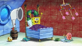 Spongebob Schwammkopf sitzt im Bett