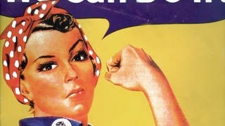 Das Bild zeigt Rosie the Riveter als gemaltes Werbebild. Eine Frau die ihren Oberarmmuskel zeigt und für eine arbeitende Frau steht.