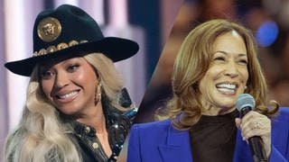 Kamala Harris begrüßt im blauen Anzug ihre Befürworter. Während sie lächelt hält sie ein Mikro in der Hand. „Freedom“-Sängerin Beyoncé trägt einen schwarzen Cowboy-Hut mit Goldbroschen und trägt lange offene blonde Haare. In der Hand hält sie einen Award.