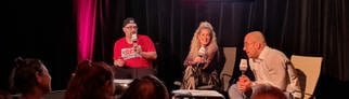 Roman Lemke, Nina Workhard und Maximilian Pollux beim SWR Podcastfestival