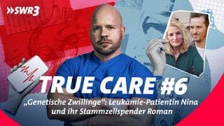Ricardo Lang, Leukämie-Patientin Nina Lau und ihr Stammzellspender Roman Schmidt vor medizinischen Symbolen